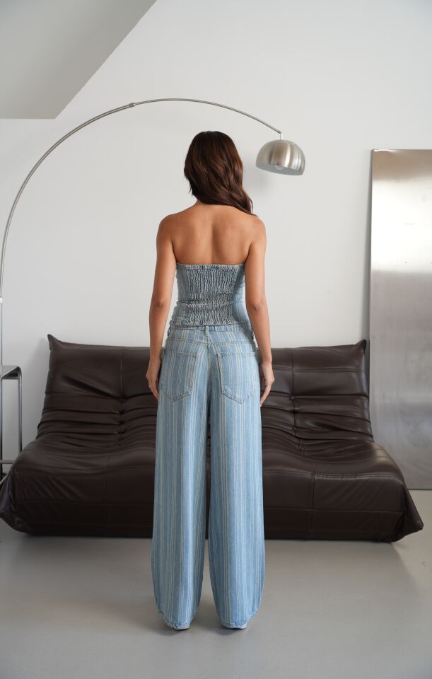 Çizgili Straplez Denim Tulum