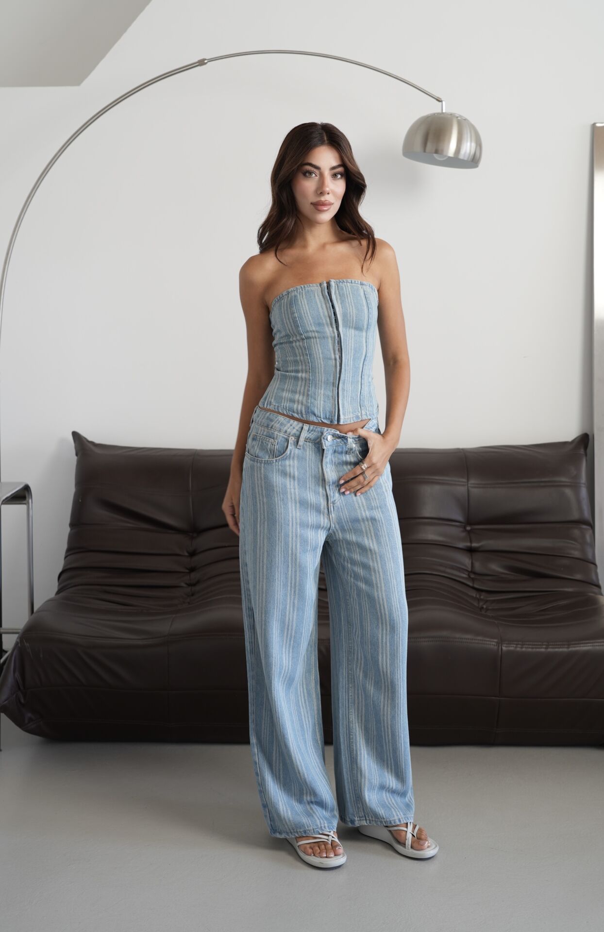 Çizgili Straplez Denim Tulum