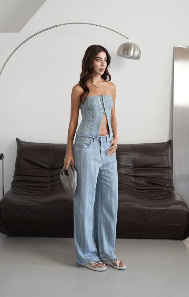 Çizgili Straplez Denim Tulum